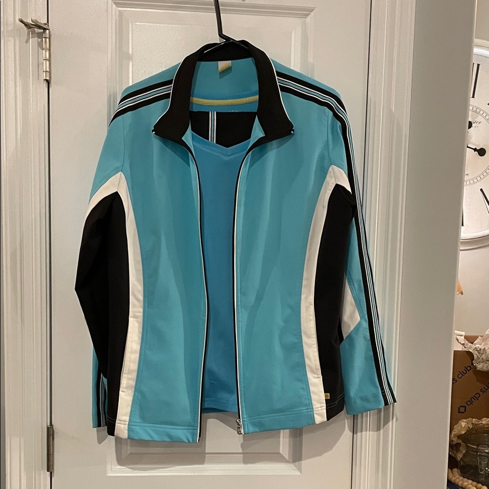 Made for Life Teal Blue and Black Jacket, shirt, & matching drawstring pants.